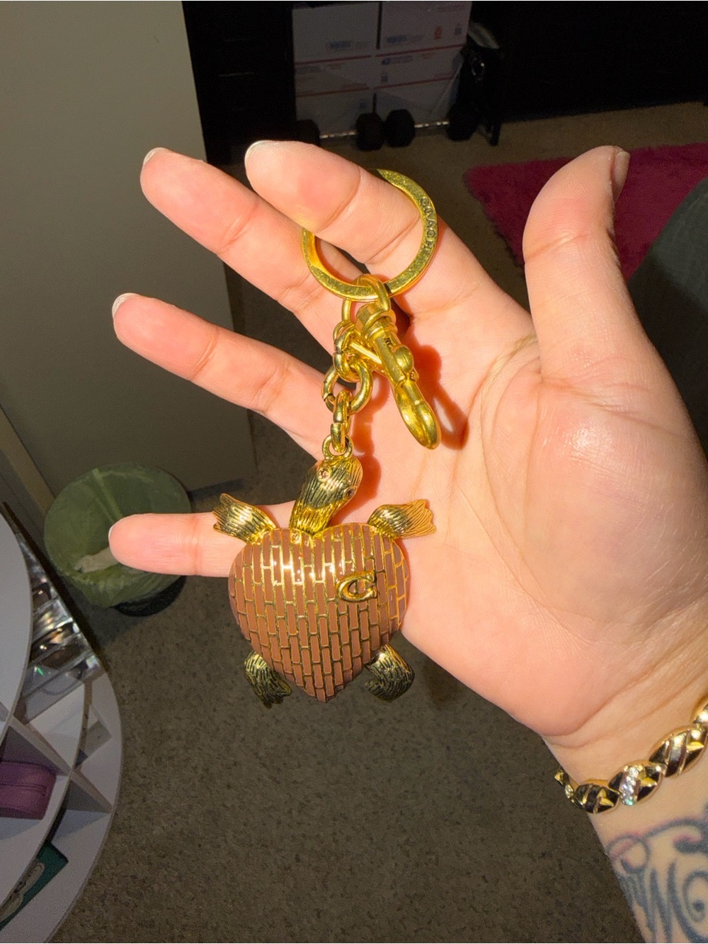 Coach Gold Tone Turtle Heart Keychain with Brown Enamel